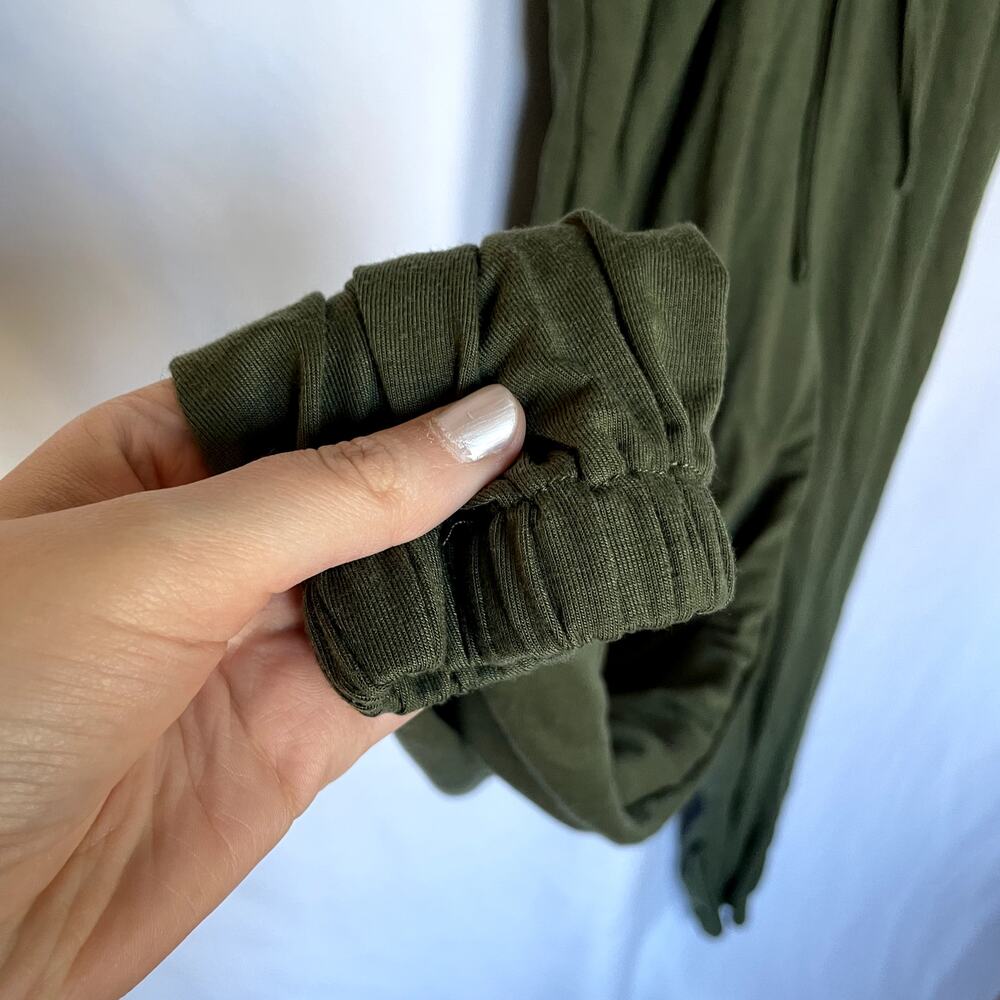 olive green button front drawstring waist jumpsuit pockets women's size small - Picture 5 of 8
